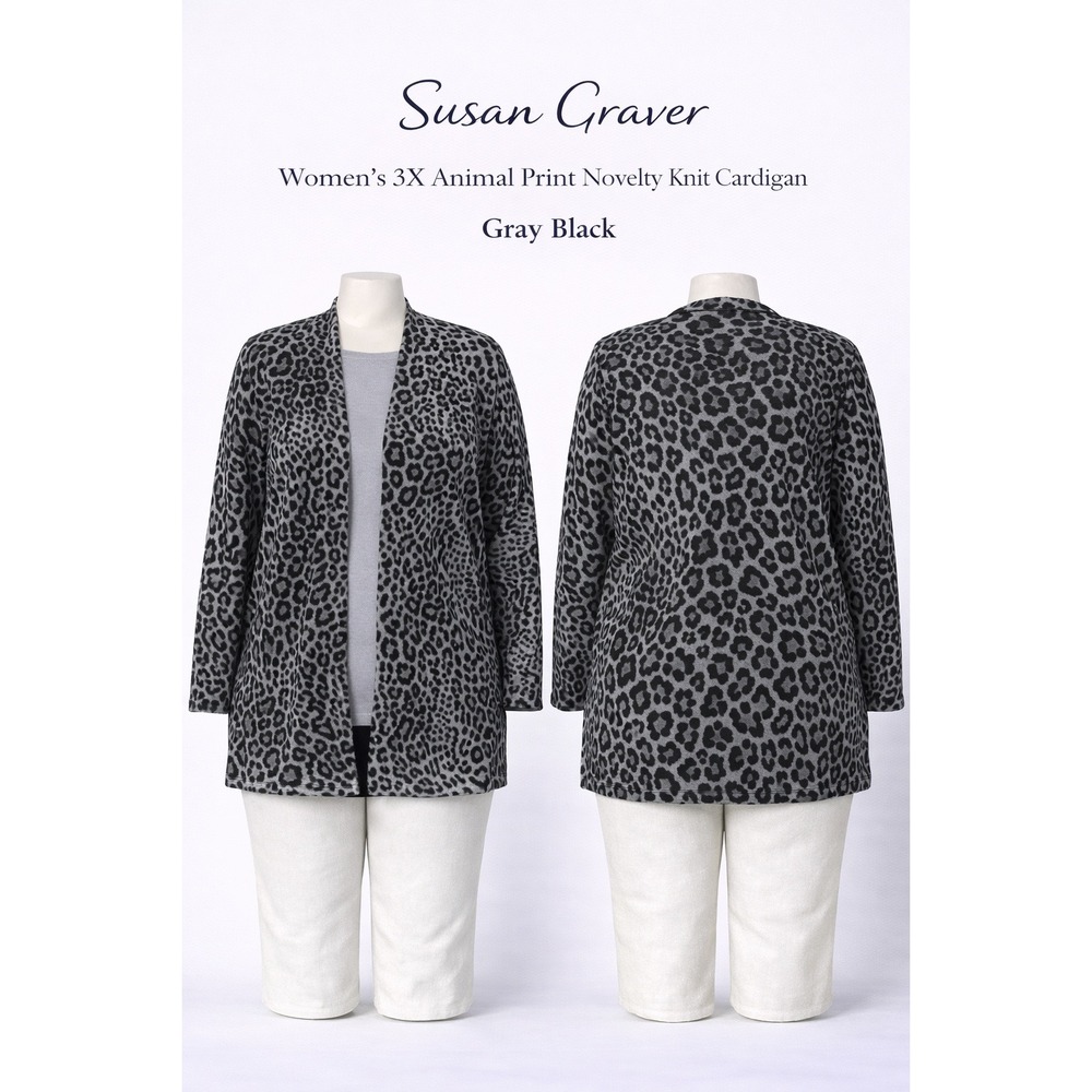 Susan Graver Womens 3X Animal Print Novelty Knit Cardigan Gray Black A300529 NWT